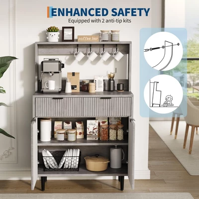 Fluted Sideboard Buffet Cabinet With Storage, Modern Coffee Bar Cabinet With Adjustable Shelves & 2 Drawers, Wood Buffet Console Table 4 Fluted Sideboard Buffet Cabinet With Storage, Modern Coffee Bar Cabinet With Adjustable Shelves & 2 Drawers, Wood Buffet Console Table - Image 2