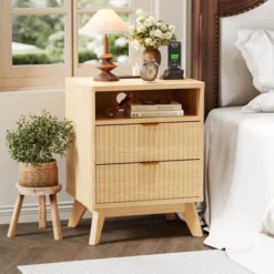 Fluted Nightstand With USB Ports & Outlets - 2 Drawers And Open Shelf Bedside Table End Table, Night Stand With Charging Station -House Beautiful GUEST 75b0ae65 39c3 4e31 a1fb 45650f70e1dc