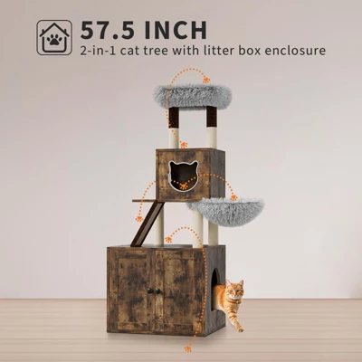 Cat Tree With Hidden Litter Box Enclosure, 2-in-1 Modern Cat Tower Condo With Sisal Scratching Posts Plush Perch Ventilated Design 5 Cat Tree With Hidden Litter Box Enclosure, 2-in-1 Modern Cat Tower Condo With Sisal Scratching Posts Plush Perch Ventilated Design - Image 3