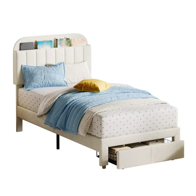 Kids Bed Frame,Twin Kids Bed Frame With Bookcase Headboard, Velvet Upholstered Platform Bed Frame With Under-Bed Drawer 11 Kids Bed Frame,Twin Kids Bed Frame With Bookcase Headboard, Velvet Upholstered Platform Bed Frame With Under-Bed Drawer - Image 9