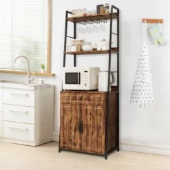 70.8" Industrial Bakers Rack With Drawer & Cabinet, 5-Tier Heavy Duty Microwave Stand, Freestanding Kitchen Storage Shelf