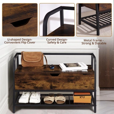 Shoe Bench, Lift Top Shoe Storage Bench, Entryway Bench, Metal And Wood Shoe Rack Organizer For Entry, Bedroom, Closet, Living Room, Hallway 6 Shoe Bench, Lift Top Shoe Storage Bench, Entryway Bench, Metal And Wood Shoe Rack Organizer For Entry, Bedroom, Closet, Living Room, Hallway - Image 4