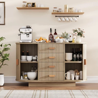 Modern Fluted Sideboard Buffet Cabinet With Storage, Wood Modern 47" Kitchen Storage Cabinet Buffet Table Coffee Bar With Doors 7 Modern Fluted Sideboard Buffet Cabinet With Storage, Wood Modern 47" Kitchen Storage Cabinet Buffet Table Coffee Bar With Doors - Image 5