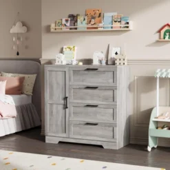 43.3" H Armoire Wardrobe Closet With 4 Drawers & Hanging Rod, Multifunctional Wood Storage Cabinet, Freestanding Dresser For Bedroom