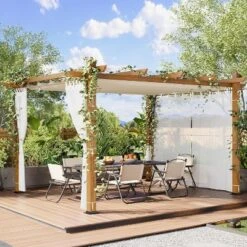 10x13ft Wood Grain Aluminum Pergola, Beige UV Block Canopy, Mesh Net, Rustproof Frame, Fast Tool-Free Assembly -House Beautiful GUEST 77da9852 f1c1 40bf 814b ade7f7d61484