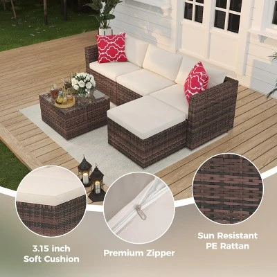 5 Piece Outdoor Patio Sofa Set With Glass Coffee Table, PE Wicker Conversation Furniture For Garden, Backyard, Poolside 6 5 Piece Outdoor Patio Sofa Set With Glass Coffee Table, PE Wicker Conversation Furniture For Garden, Backyard, Poolside - Image 4