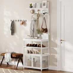 72.8" White Hall Tree With Doors, Narrow Coat Rack And Shoe Storage Organizer With 7 Hooks For Entryway, Bedroom And Mudroom