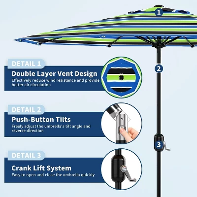 9ft Patio Umbrella, Outdoor Table, UV, Fade, Water Resistant, Crank Lift, Tilt, 8 Ribs, Metal Frame, Tricolor Stripe 3 9ft Patio Umbrella, Outdoor Table, UV, Fade, Water Resistant, Crank Lift, Tilt, 8 Ribs, Metal Frame, Tricolor Stripe