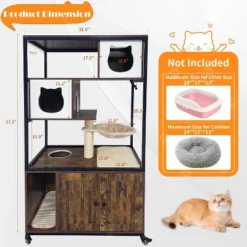 Jojoka Pet Litter Box Enclosure, Hidden Cat House Furniture With Metal Frame, Cat Tower With Storage, Barn Door, And Wheels