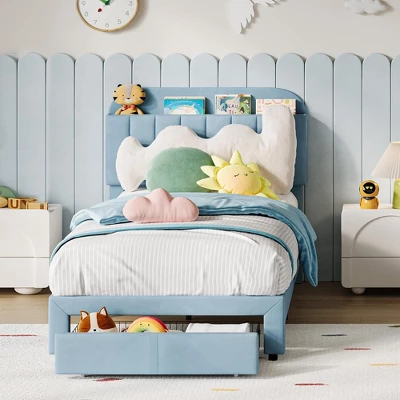 Kids Bed Frame,Twin Kids Bed Frame With Bookcase Headboard, Velvet Upholstered Platform Bed Frame With Under-Bed Drawer 9 Kids Bed Frame,Twin Kids Bed Frame With Bookcase Headboard, Velvet Upholstered Platform Bed Frame With Under-Bed Drawer - Image 7