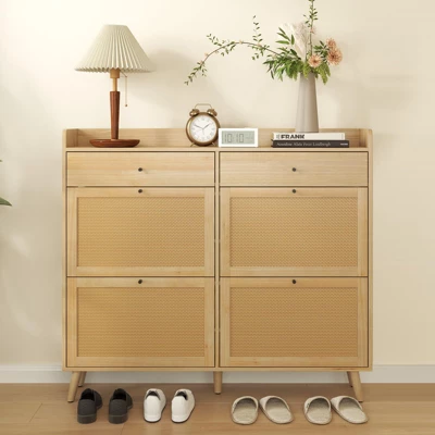 Rattan Shoe Cabinet Storage For Entryway With 4 Flip Drawers And 2 Drawer, Farmhouse Narrow Shoe Rack Organizer Hidden Shoe Rack Drawer 8 Rattan Shoe Cabinet Storage For Entryway With 4 Flip Drawers And 2 Drawer, Farmhouse Narrow Shoe Rack Organizer Hidden Shoe Rack Drawer - Image 6