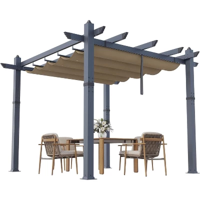 10x10ft Heavy Duty Aluminum Pergola With Retractable UV Canopy Water Resistant Gray Frame Khaki Curtains 8 10x10ft Heavy Duty Aluminum Pergola With Retractable UV Canopy Water Resistant Gray Frame Khaki Curtains - Image 6