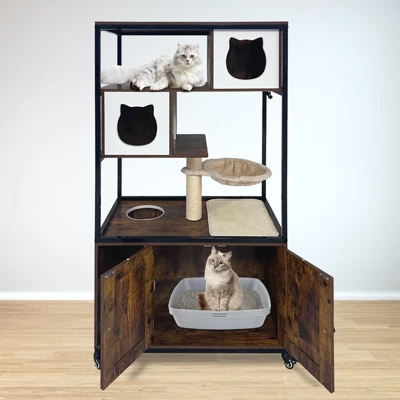 Cat Tree With Litter Box Enclosure 57.5''H Wooden Cat Tower Cabinet With Wheels 8 Cat Tree With Litter Box Enclosure 57.5''H Wooden Cat Tower Cabinet With Wheels - Image 6