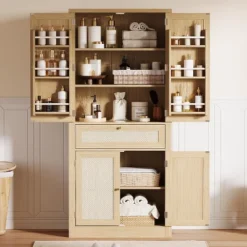 70" Tall Kitchen Pantry Cabinet, Handwoven Rattan Doors, Adjustable Shelves, 1 Drawer, Storage Cupboard, Oak Finish 15 70" Tall Kitchen Pantry Cabinet, Handwoven Rattan Doors, Adjustable Shelves, 1 Drawer, Storage Cupboard, Oak Finish -House Beautiful GUEST 7c5842c2 d428 4a30 a15b b37938528abe