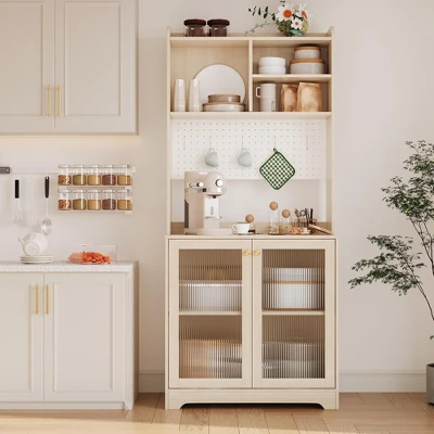 71" Kitchen Pantry Cabinet, Tall Sideboard Buffet Cabinet With Microwave Stand, Pegboard And Hutch, Pantry Storage Organizers Coffee Bar 10 71" Kitchen Pantry Cabinet, Tall Sideboard Buffet Cabinet With Microwave Stand, Pegboard And Hutch, Pantry Storage Organizers Coffee Bar - Image 8