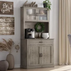 Kitchen Pantry Cabinet, 71" Tall Kitchen Hutch Storage Pantry With Microwave Stand, Freestanding Buffet With Shelves And Glass Doors -House Beautiful GUEST 7d507709 010b 4dfc 8753 e9541fcf3008