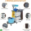Commercial Cleaning Carts On Wheels - 3-Shelf Janitorial Cart With 2 Lockable Cabinets & Cover