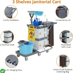 Commercial Cleaning Carts On Wheels - 3-Shelf Janitorial Cart With 2 Lockable Cabinets & Cover