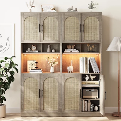 Kitchen Pantry Cabinet With RGB Light, Tall Kitchen Hutch Bar Cabinet With Microwave Stand, Farmhouse Large Wood Storage Cabinet With Barn Doors 7 Kitchen Pantry Cabinet With RGB Light, Tall Kitchen Hutch Bar Cabinet With Microwave Stand, Farmhouse Large Wood Storage Cabinet With Barn Doors - Image 5