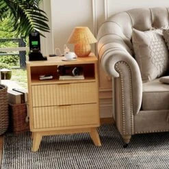 Fluted Night Stand, Wood Fluted Nightstand With Charging Station & 2 Drawers And Open Shelf 14 Fluted Night Stand, Wood Fluted Nightstand With Charging Station & 2 Drawers And Open Shelf -House Beautiful GUEST 7e2a25bb 4c84 4590 b69d 4b021490760b 1