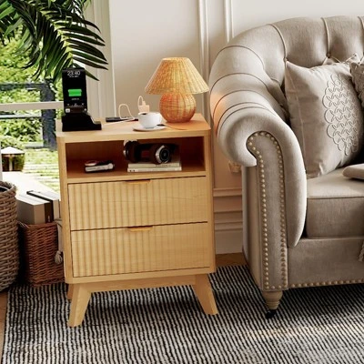 Fluted Night Stand, Wood Fluted Nightstand With Charging Station & 2 Drawers And Open Shelf 8 Fluted Night Stand, Wood Fluted Nightstand With Charging Station & 2 Drawers And Open Shelf - Image 6