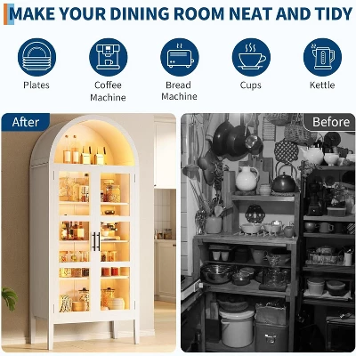 70" Tall Arched Kitchen Pantry Cabinet With LED Lights,Modern Wood Arched Bookshelf With Glass Doors,White 5 70" Tall Arched Kitchen Pantry Cabinet With LED Lights,Modern Wood Arched Bookshelf With Glass Doors,White - Image 3