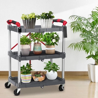 3 Tier Portable Collapsible Service Cart, Foldable Rolling Utility Cart With 360¡ã Swivel Wheels, 2 Brakes, For Home Office Garage, Grey 4 3 Tier Portable Collapsible Service Cart, Foldable Rolling Utility Cart With 360¡ã Swivel Wheels, 2 Brakes, For Home Office Garage, Grey - Image 2