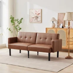 Modern Mid-Century Futon Sofa Bed – Compact 3-Seater Convertible Sleeper Loveseat With Chevron Tufting & Tapered Legs, Brown -House Beautiful GUEST 7fe1690b fe4f 4e65 bf19 264fde71f8f0 1