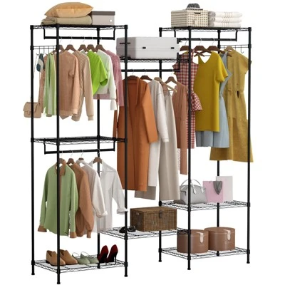 Heavy Duty Clothes Rack With 4 Rails, 8 Hooks & Adjustable Shelves, Freestanding Wardrobe Closet Organizer For Bedroom, Black 4 Heavy Duty Clothes Rack With 4 Rails, 8 Hooks & Adjustable Shelves, Freestanding Wardrobe Closet Organizer For Bedroom, Black - Image 2