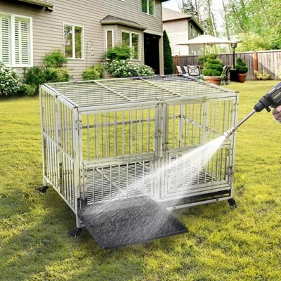 48 Inch Heavy Duty Dog Crate - Stainless Steel Kennel With Wheels, Double Door & Small Door Design, Removable Tray & Sturdy Locks, Silver 9 48 Inch Heavy Duty Dog Crate - Stainless Steel Kennel With Wheels, Double Door & Small Door Design, Removable Tray & Sturdy Locks, Silver - Image 7