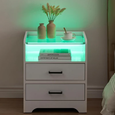 LED Night Stand With 2 Drawers, Smart End Side Table With LED Lights And Glass Top, Modern Bedside Table With Open Storage 9 LED Night Stand With 2 Drawers, Smart End Side Table With LED Lights And Glass Top, Modern Bedside Table With Open Storage - Image 7