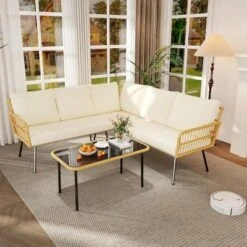 4 Pieces Outdoor Patio Furniture Set, All-Weather Wicker Rattan Sectional L-Shaped Set With Glass Top Coffee Table & Cushioned Chairs 17 4 Pieces Outdoor Patio Furniture Set, All-Weather Wicker Rattan Sectional L-Shaped Set With Glass Top Coffee Table & Cushioned Chairs -House Beautiful GUEST 8180f9ab f744 4ed6 9aac c7e351bee9c9