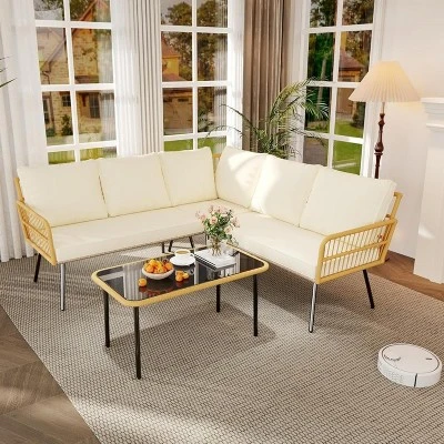 4 Pieces Outdoor Patio Furniture Set, All-Weather Wicker Rattan Sectional L-Shaped Set With Glass Top Coffee Table & Cushioned Chairs 10 4 Pieces Outdoor Patio Furniture Set, All-Weather Wicker Rattan Sectional L-Shaped Set With Glass Top Coffee Table & Cushioned Chairs - Image 8