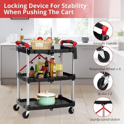 3 Tier Portable Collapsible Service Cart, Foldable Rolling Utility Cart With 360¡ã Swivel Wheels, 2 Brakes, For Home Office Garage, Grey 5 3 Tier Portable Collapsible Service Cart, Foldable Rolling Utility Cart With 360¡ã Swivel Wheels, 2 Brakes, For Home Office Garage, Grey - Image 3