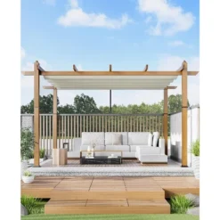 10x10ft Outdoor Aluminum Pergola Retractable UPF 50+ Waterproof Canopy, Wood Grain Frame, Tool-Free Assembly 15 10x10ft Outdoor Aluminum Pergola Retractable UPF 50+ Waterproof Canopy, Wood Grain Frame, Tool-Free Assembly -House Beautiful GUEST 8220ca08 cbbe 4b1e 8387 d6a5822f375e