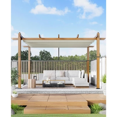 10x10ft Outdoor Aluminum Pergola Retractable UPF 50+ Waterproof Canopy, Wood Grain Frame, Tool-Free Assembly 9 10x10ft Outdoor Aluminum Pergola Retractable UPF 50+ Waterproof Canopy, Wood Grain Frame, Tool-Free Assembly - Image 7