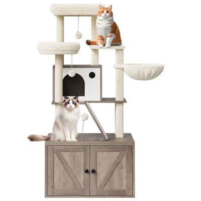 Cat Tree With Hidden Litter Box Enclosure, 2-in-1 Modern Cat Tower Condo With Sisal Scratching Posts Plush Perch Ventilated Design 11 Cat Tree With Hidden Litter Box Enclosure, 2-in-1 Modern Cat Tower Condo With Sisal Scratching Posts Plush Perch Ventilated Design - Image 9