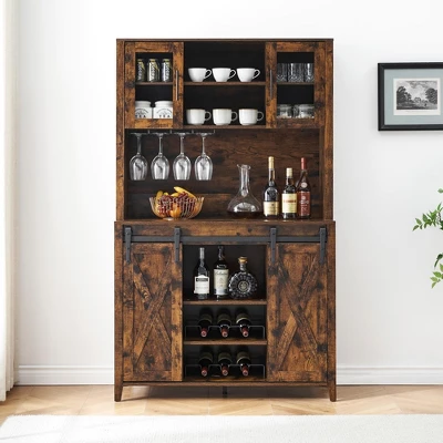 Jojoka 70'' Wine Bar Cabinet With Storage Hutch, Tall Coffee Bar Cabinet With Sliding Barn Doors, Bottle Glasses Rack, Farmhouse Coffee Bar 8 Jojoka 70'' Wine Bar Cabinet With Storage Hutch, Tall Coffee Bar Cabinet With Sliding Barn Doors, Bottle Glasses Rack, Farmhouse Coffee Bar - Image 6