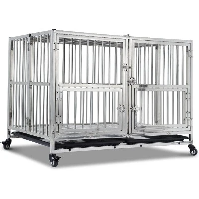 48 Inch Heavy Duty Dog Crate - Stainless Steel Kennel With Wheels, Double Door & Small Door Design, Removable Tray & Sturdy Locks, Silver 12 48 Inch Heavy Duty Dog Crate - Stainless Steel Kennel With Wheels, Double Door & Small Door Design, Removable Tray & Sturdy Locks, Silver - Image 10
