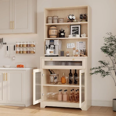 Kitchen Pantry Cabinet,Freestanding Hutch Cupboard With Large Countertop, Glass Doors, Drawer 4 Kitchen Pantry Cabinet,Freestanding Hutch Cupboard With Large Countertop, Glass Doors, Drawer - Image 2