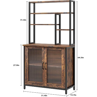 Bakers Rack With Cabinet, 5 Tier Microwave Stand 63.78", Baker Rack With Fluted Door Large Kitchen Oven Stand Tall Bar Cabinet, Retro Brown 3 Bakers Rack With Cabinet, 5 Tier Microwave Stand 63.78", Baker Rack With Fluted Door Large Kitchen Oven Stand Tall Bar Cabinet, Retro Brown