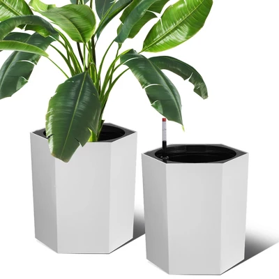 16" Tall Hexagonal Self-Watering Planters Set Of 2 With Water Level Monitor, Bottom Wheels & Drainage Hole – Indoor & Outdoor Plant Pots, Black 12 16" Tall Hexagonal Self-Watering Planters Set Of 2 With Water Level Monitor, Bottom Wheels & Drainage Hole – Indoor & Outdoor Plant Pots, Black - Image 10
