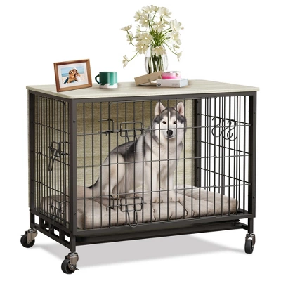 Dog Crate Furniture For Medium Dogs, 32.5" L X 21.9" W X 25.2" H Indoor Kennel With Double Doors, Wheels & Removable Tray 11 Dog Crate Furniture For Medium Dogs, 32.5" L X 21.9" W X 25.2" H Indoor Kennel With Double Doors, Wheels & Removable Tray - Image 9