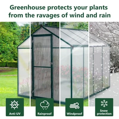 6 X 8FT Polycarbonate Walk-In Greenhouse With Lockable Doors Adjustable Vent Window Heavy Duty Aluminum Frame Outdoor Garden 4 6 X 8FT Polycarbonate Walk-In Greenhouse With Lockable Doors Adjustable Vent Window Heavy Duty Aluminum Frame Outdoor Garden - Image 2