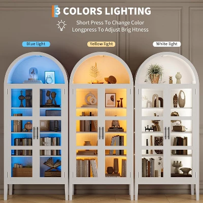 70" Tall Arched Kitchen Pantry Cabinet With LED Lights,Modern Wood Arched Bookshelf With Glass Doors,White 4 70" Tall Arched Kitchen Pantry Cabinet With LED Lights,Modern Wood Arched Bookshelf With Glass Doors,White - Image 2