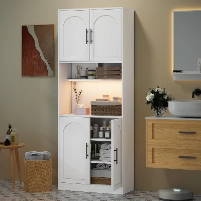 Kitchen Pantry Cabinet With Microwave Stand, Farmhouse Large Wood Storage Cabinet With Barn Doors & 2 Open Shelves 3 Kitchen Pantry Cabinet With Microwave Stand, Farmhouse Large Wood Storage Cabinet With Barn Doors & 2 Open Shelves