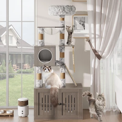 All-in-One Cat Furniture With Flush Nest,Cat Tree With Litter Box Enclosure,Space Capsule And Sisal Rope For Living Room, Grey 5 All-in-One Cat Furniture With Flush Nest,Cat Tree With Litter Box Enclosure,Space Capsule And Sisal Rope For Living Room, Grey - Image 3