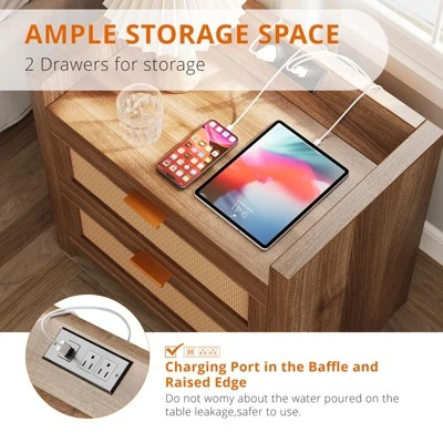 Night Stand Set Of 2 Rattan Nightstands With Charging Station 23.6" Wide Boho Bedside Tables With 2 Drawers Modern Larger Nightstands, Brown 5 Night Stand Set Of 2 Rattan Nightstands With Charging Station 23.6" Wide Boho Bedside Tables With 2 Drawers Modern Larger Nightstands, Brown - Image 3