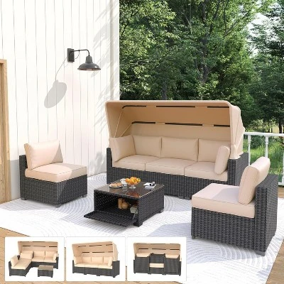 Patio Furniture Set, 6pcs Outdoor Rattan Wicker Furniture With Canopy, Outdoor Sectional Sofa And Table With Storage, Patio Conversation Sets 4 Patio Furniture Set, 6pcs Outdoor Rattan Wicker Furniture With Canopy, Outdoor Sectional Sofa And Table With Storage, Patio Conversation Sets - Image 2