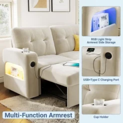 84" L-Shaped Sleeper Sofa Couch, Convertible Pull-Out Sofa Bed With Storage Chaise, Charging Station & LED Lights -House Beautiful GUEST 87aa3196 3b5f 4340 80a0 97cdc9a0ece0